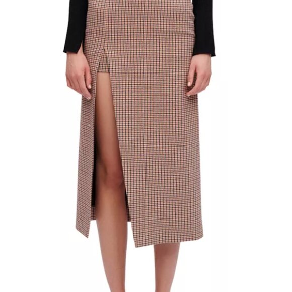 Maje Jaisa Houndstooth Thigh-High Front Slit Midi-Skirt Brown Women's Sz 36 - Picture 2 of 5